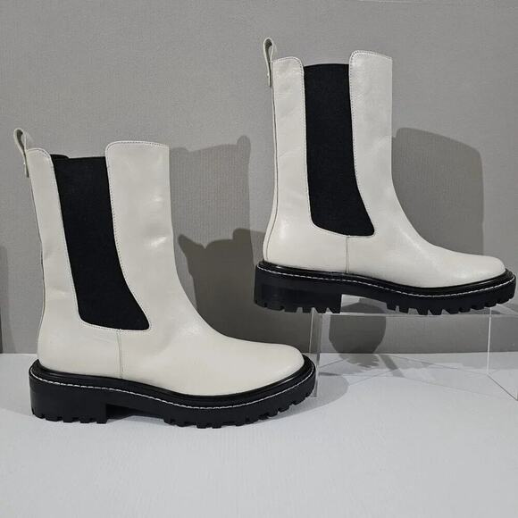 Tory Burch Benton Boot Womens 10.5 Ivory Black Leather Lug Sole Platform Chelsea - Picture 3 of 16